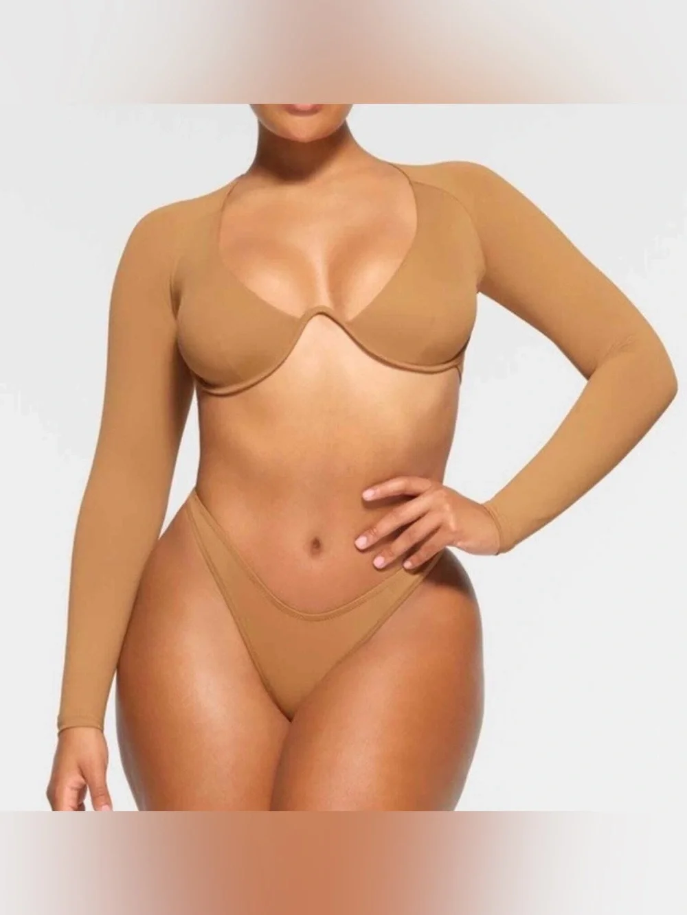 Skims 2PC NWT Swim long sleeve underwire swim Top & Shorts Size XXS Almond